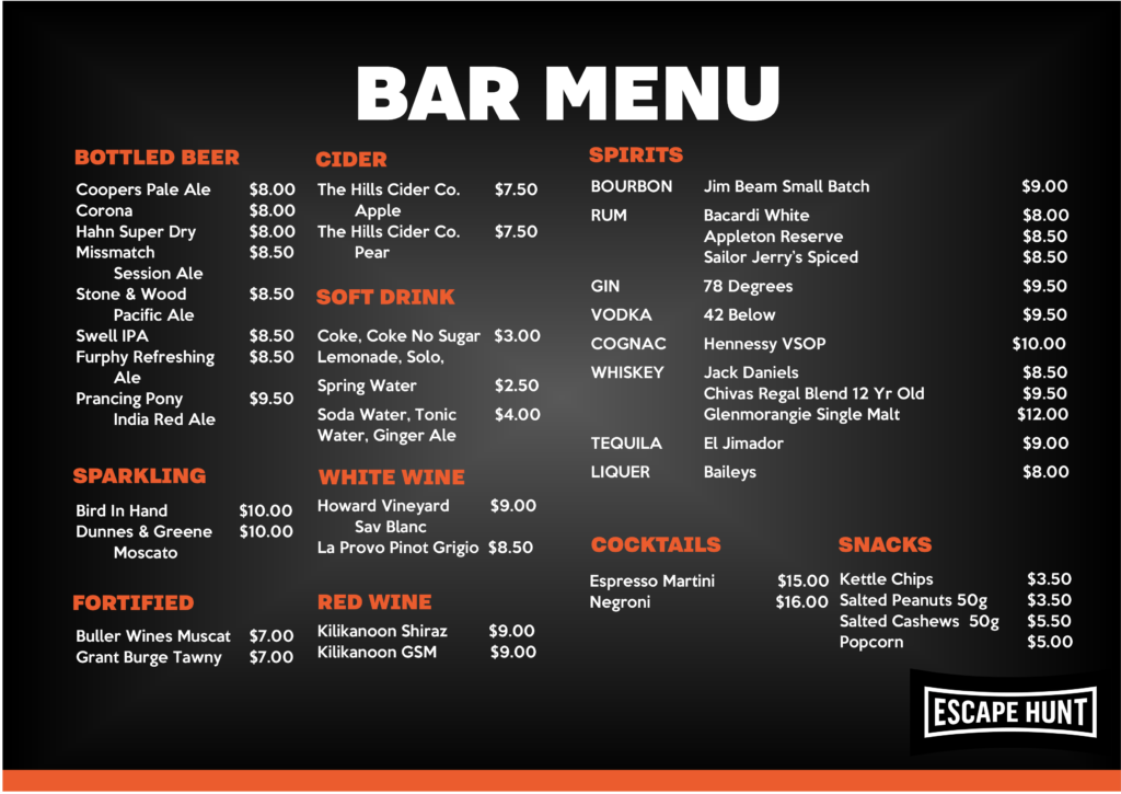 escape hunt adelaide bar menu