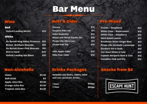 Escape Hunt Adelaide Bar Menu